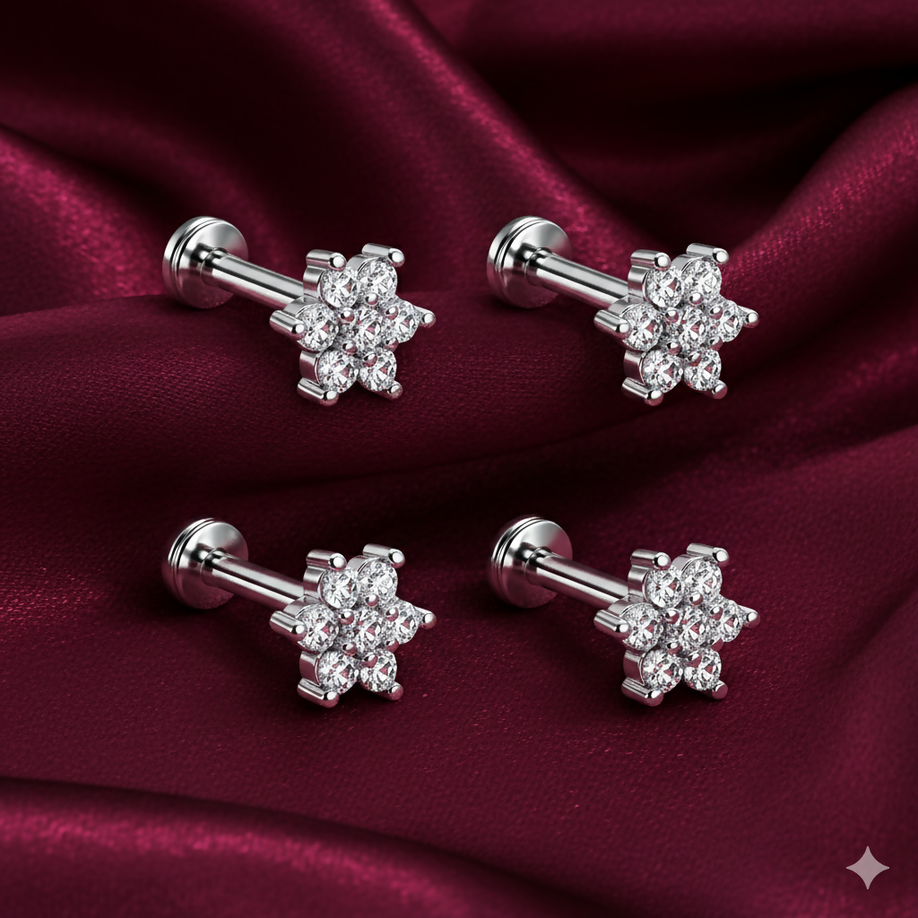 Close-up of silver plated flower labret stud earring highlighting crystal petals