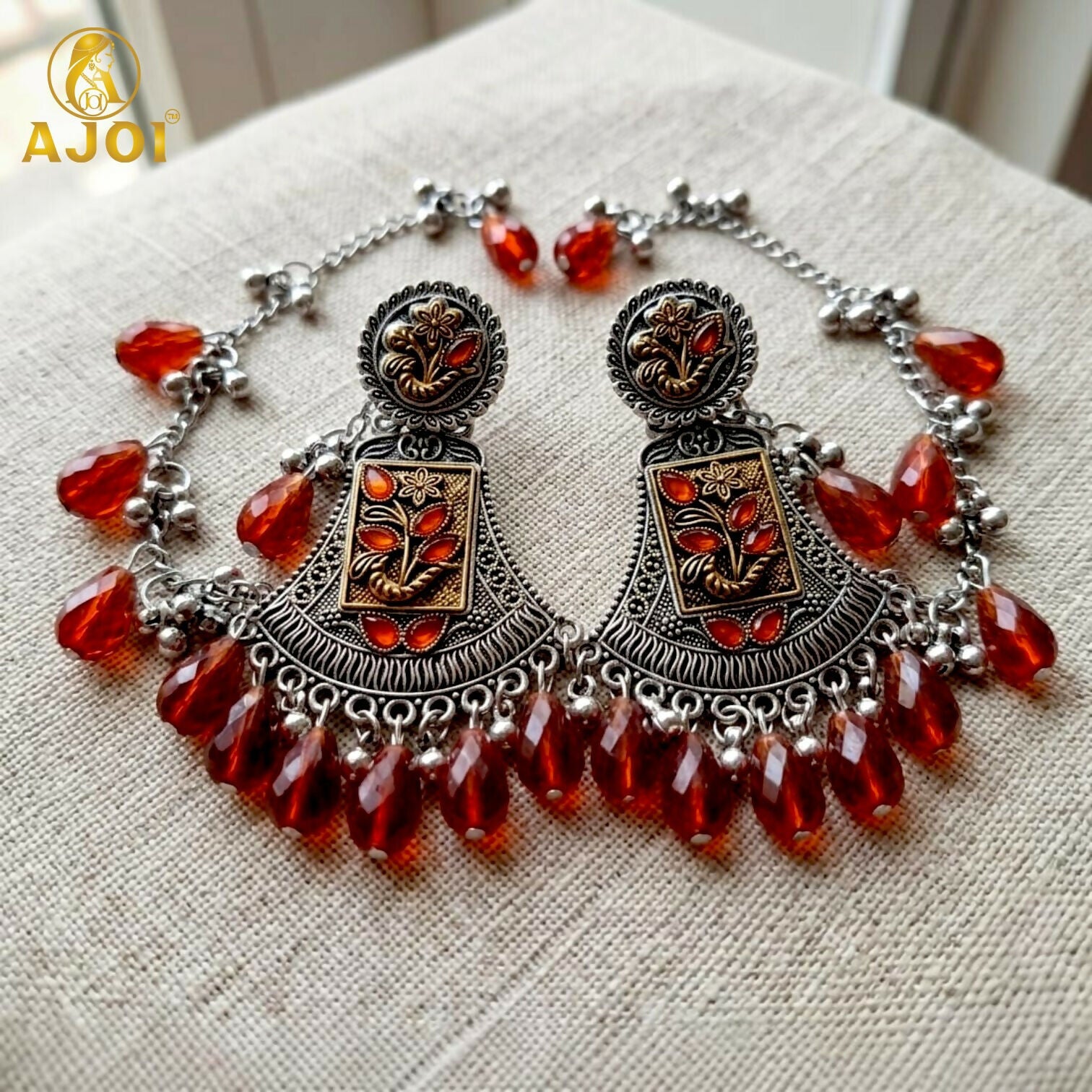 Oxidised Two-Tone Floral Earrings – Elegant Ruby Drop Design