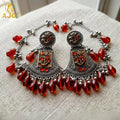 Oxidised Two-Tone Floral Earrings – Elegant Ruby Drop Design