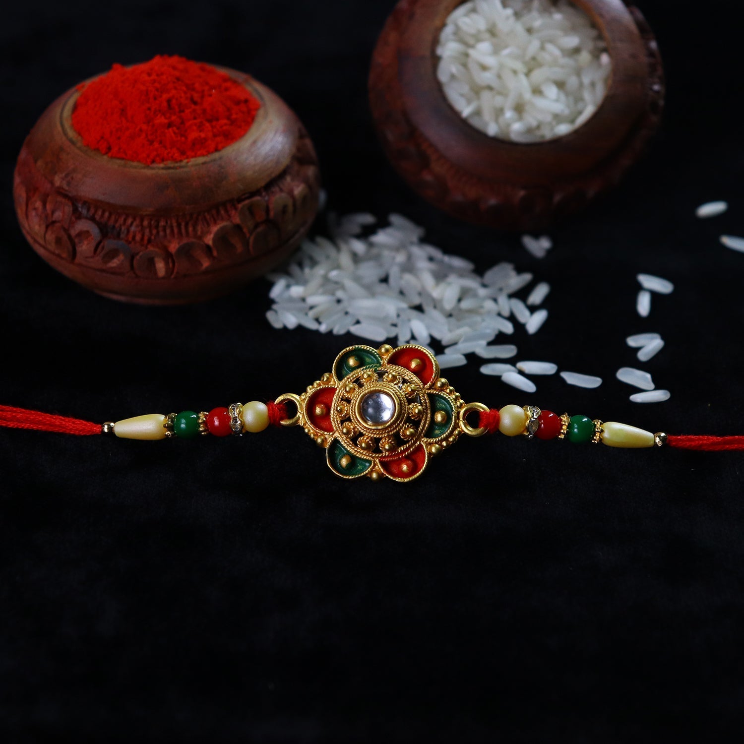 Designer Flower Motif Kundan Rakhi with Beads Rakhi for Brother (5pcs)