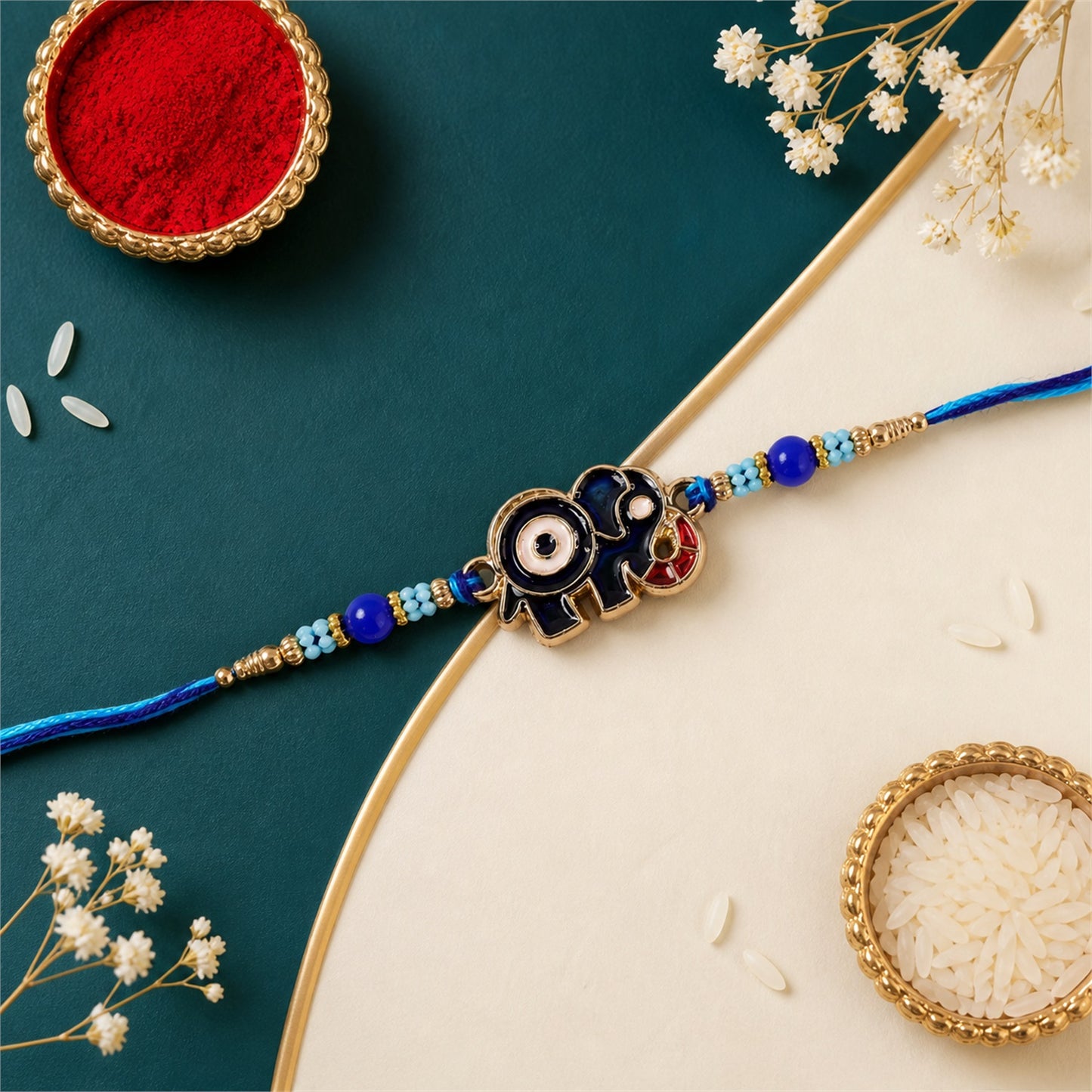 Elephant Motif Nazar Evil Eye Enamel Blue Bead Rakhi