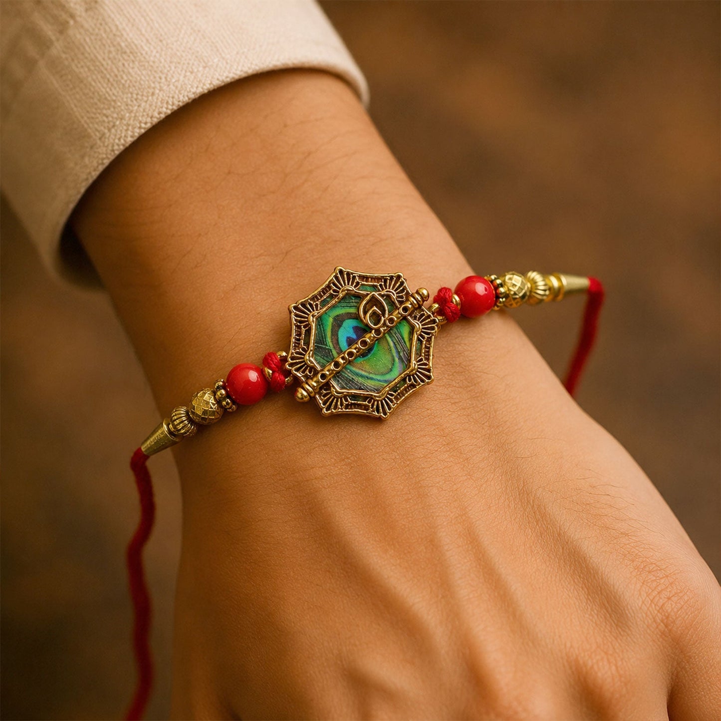 Shop Peacock Feather Rakhi Golden Frame Red Beads (10pcs)