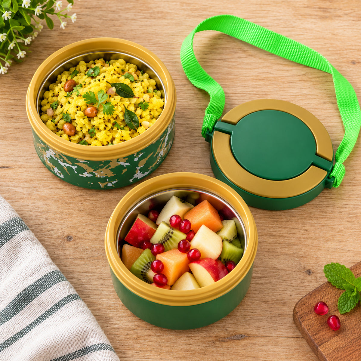 Display of 2layer adjustable insulated tiffin set.