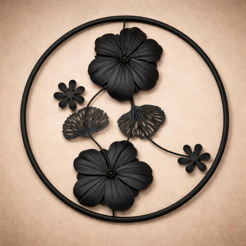 Modern living room with metal floral round wall art decor
