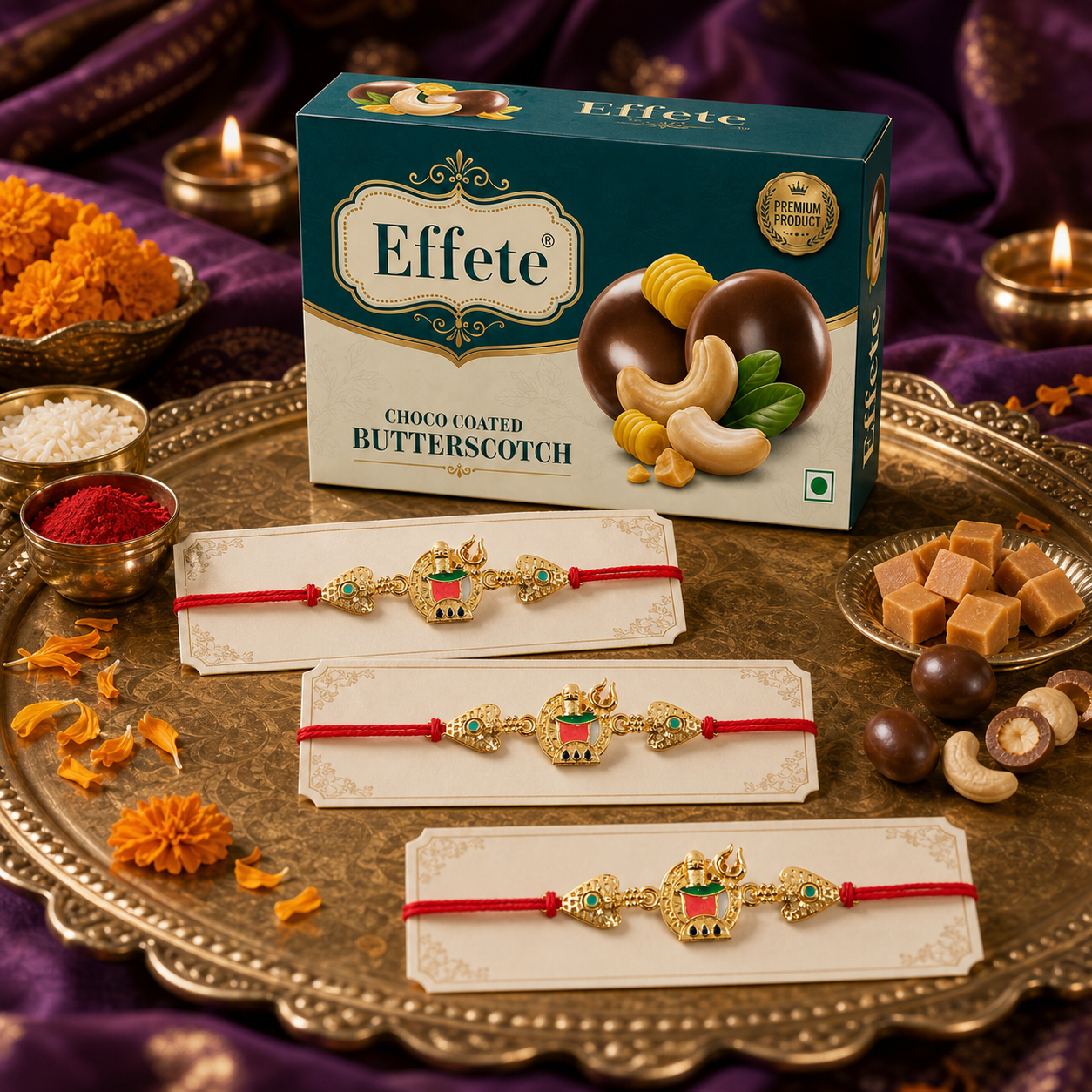 Shivling Designer Rakhi with Butterscotch Chocolates, Pack of 3