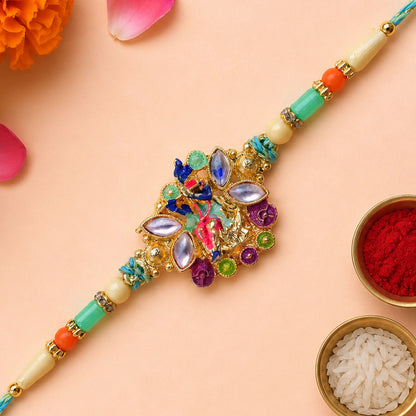Multicolor Gemstone Cluster Pendant Rakhi with Purple Marquise Stones