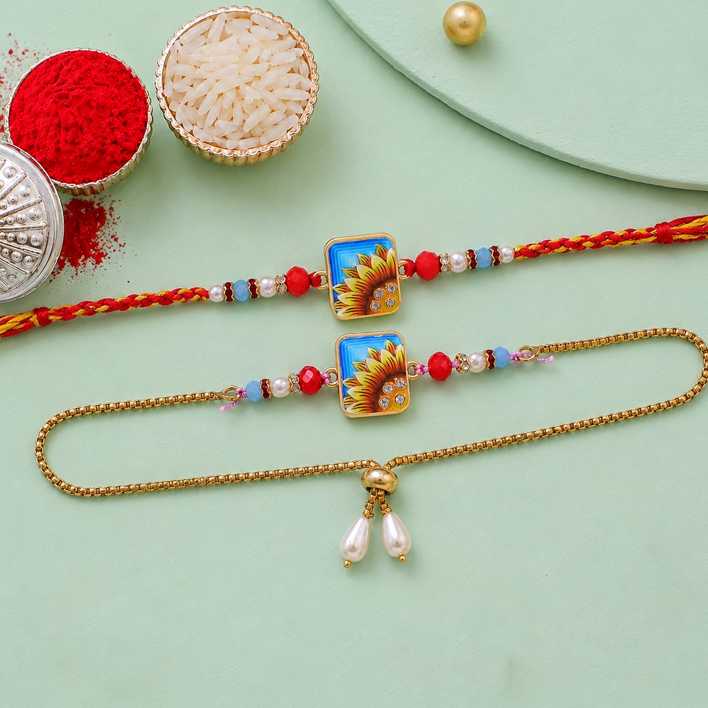 Sunflower Printed Rectangle Crystal Pearl Beads Bhai Bhabhi Rakhi Lumba Set