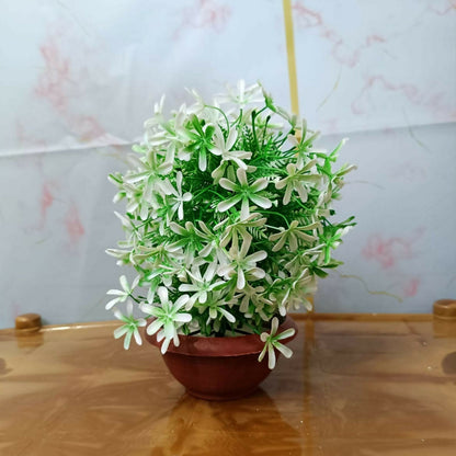 Artificial White Flower Plant with Brown Bowl Pot Green Leaves Home Office Decor