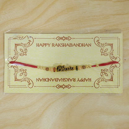 Bhaiya Name Golden Rakhi with Peach Brown Beads, Red Thread and Festive Shine