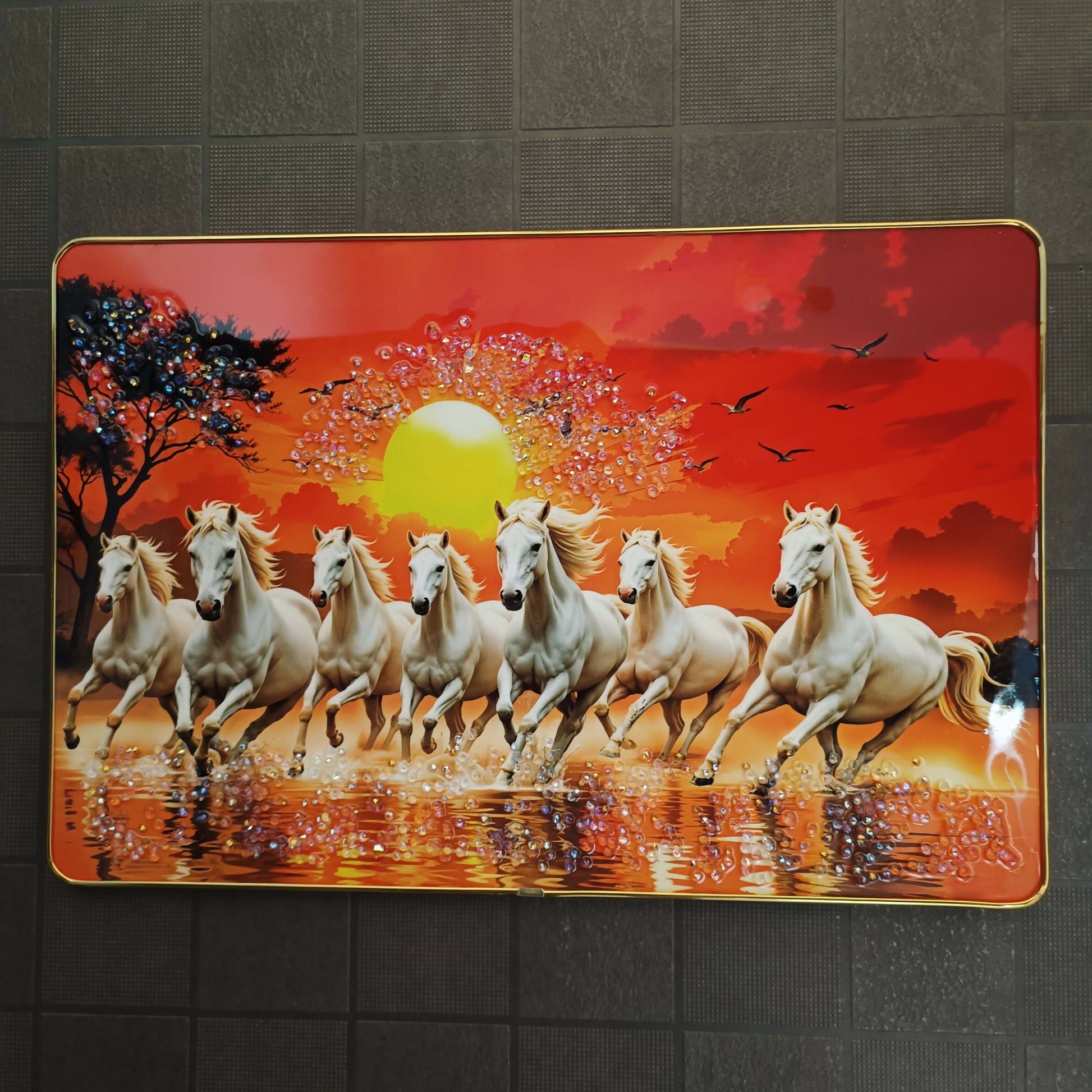Seven Running Horses Sunrise Wall Art for Living Room Decor Frame