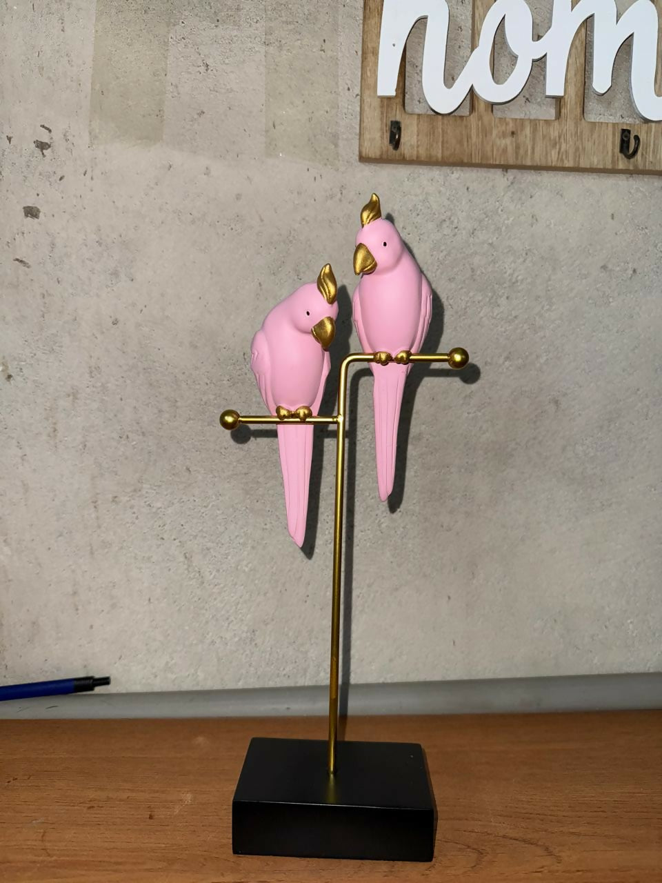 Pink Love Birds Decorative poly-resin Showpiece with Gold Stand for Home Décor