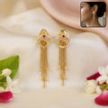 Gold Plated Rhombus Shape Dangle Earrings with Multi Chain Tassel Drop Design
