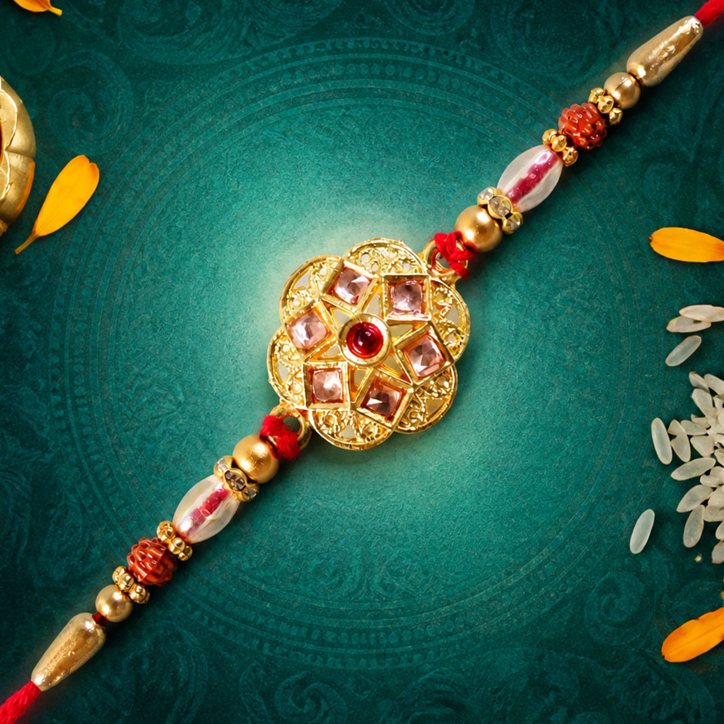 Divine Rakhi with Circular Sacred Medallion and gold trims in chain look for Gift Use