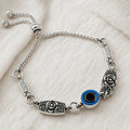 Antique Silver Evil Eye Adjustable Bolo Bracelet with Engraved Filigree & Floral Connectors