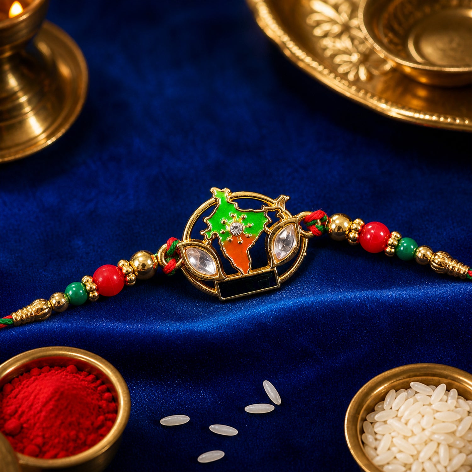 Bharat Map Pendant Rakhi with Kundan Stones and Red Beads
