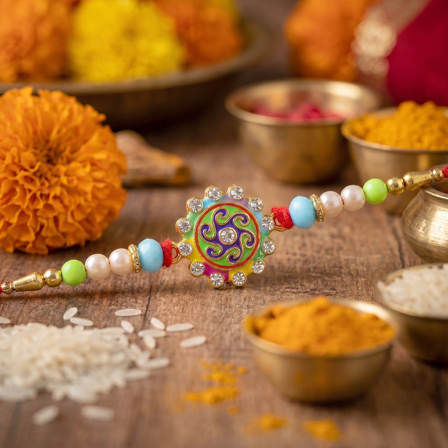 Rakhi Vibrant Multicolor Floral Swirl Design for Raksha Bandhan (5pcs)