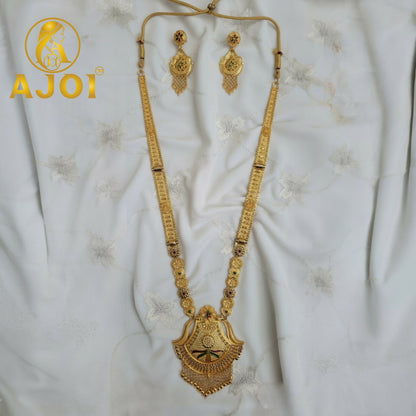 Statement earrings matching the Luxe Long Necklace Set with detailed heritage design