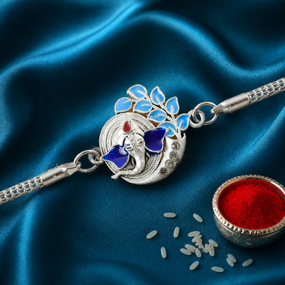 Ganesh Leaf Enamel Crescent Studded Silver Chain Designer Rakhi
