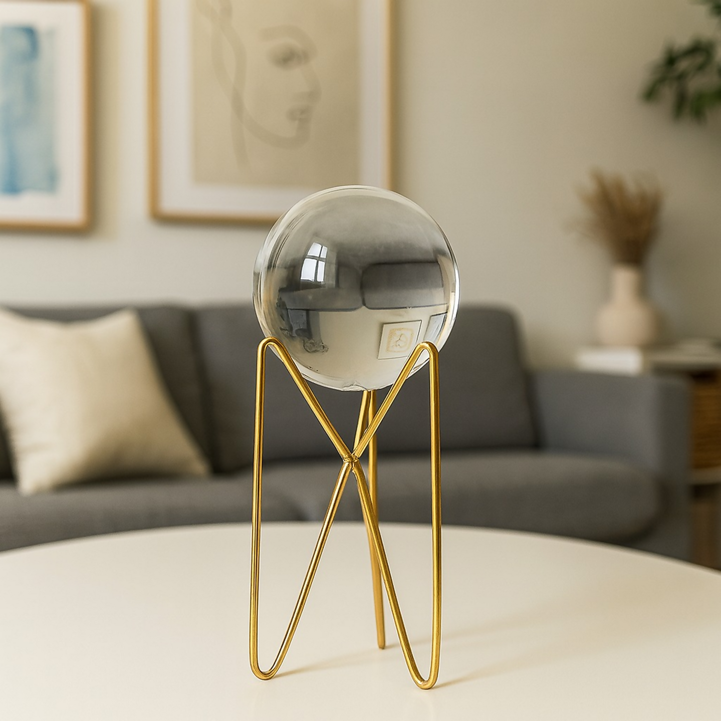 Premium crystal glass sphere on tall golden metal stand for modern home decor