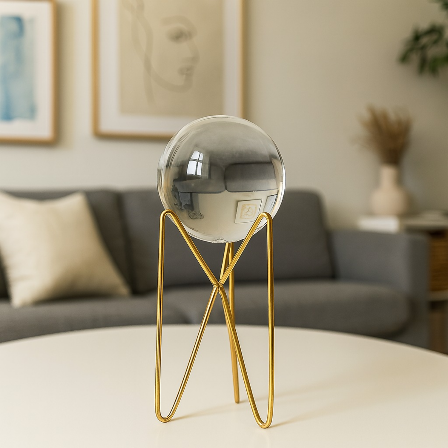 Premium crystal glass sphere on tall golden metal stand for modern home decor