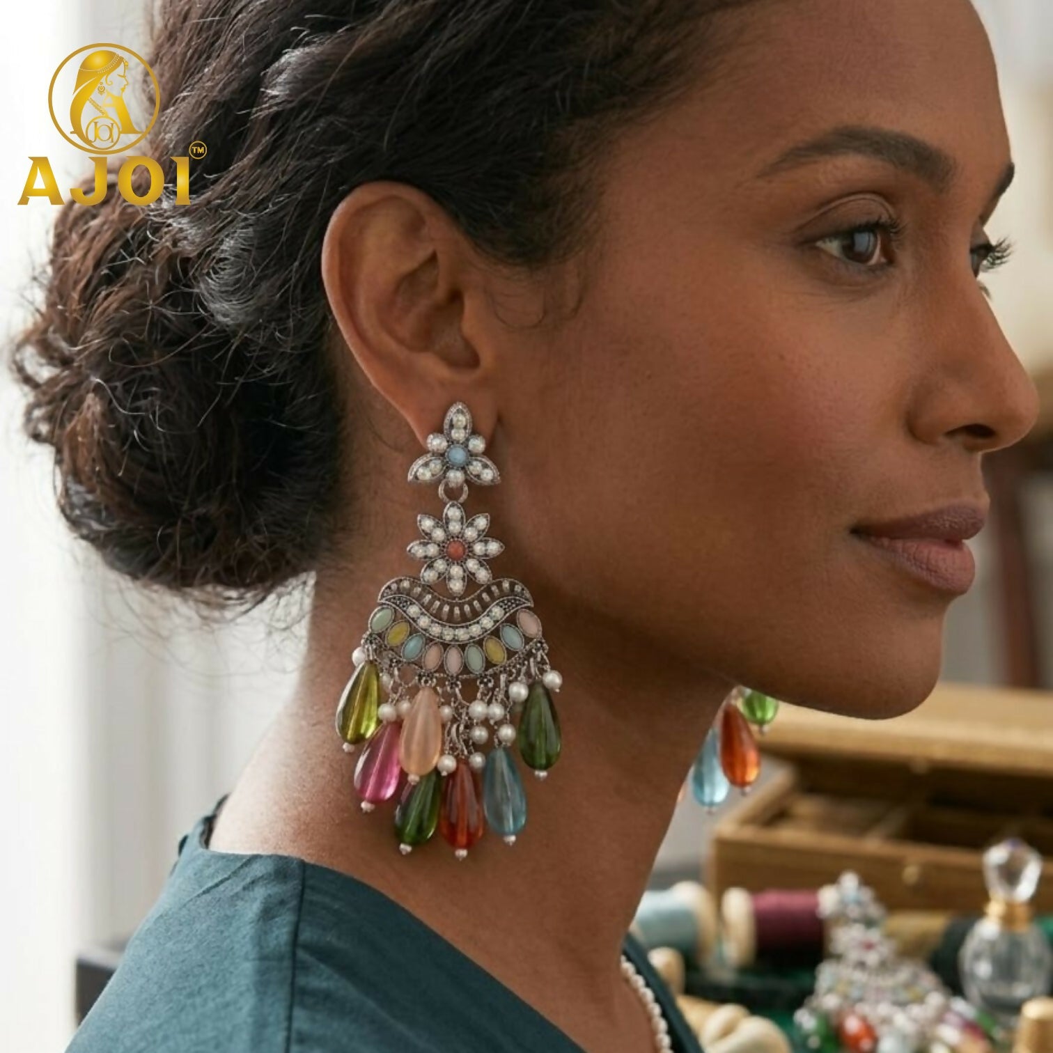 Oxidized Floral Earrings with Multicolor Drop Beads & Pearl Tassels