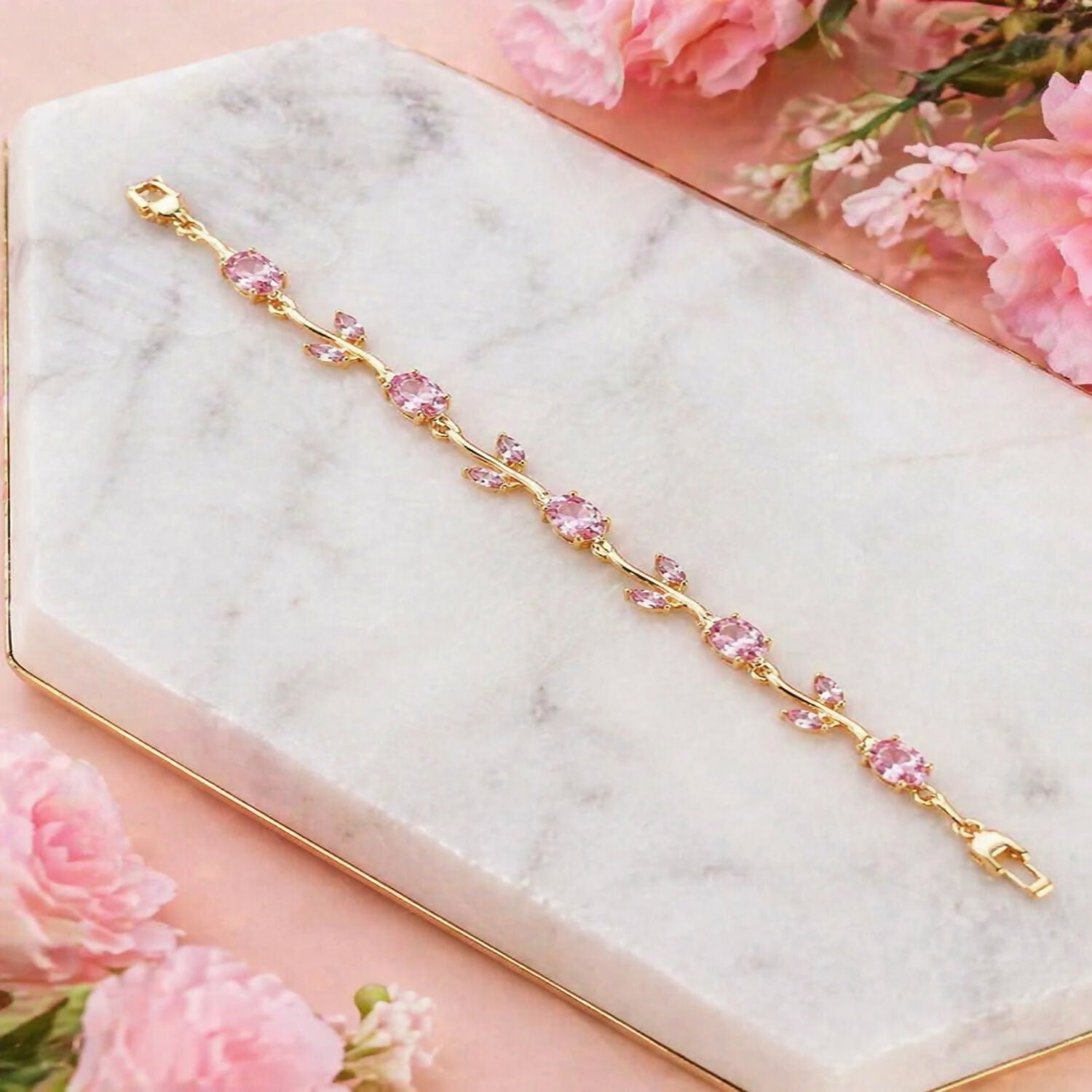 Gold-Plated Tulip Vine Bracelet with Lava Stone Crystals for Women