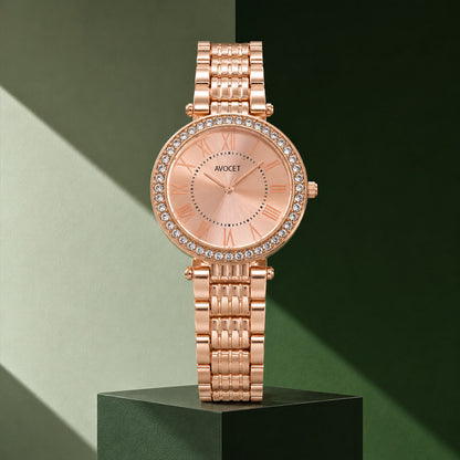 A woman's wrist adorned with the elegant rose gold analog watch, showcasing its comfortable fit.