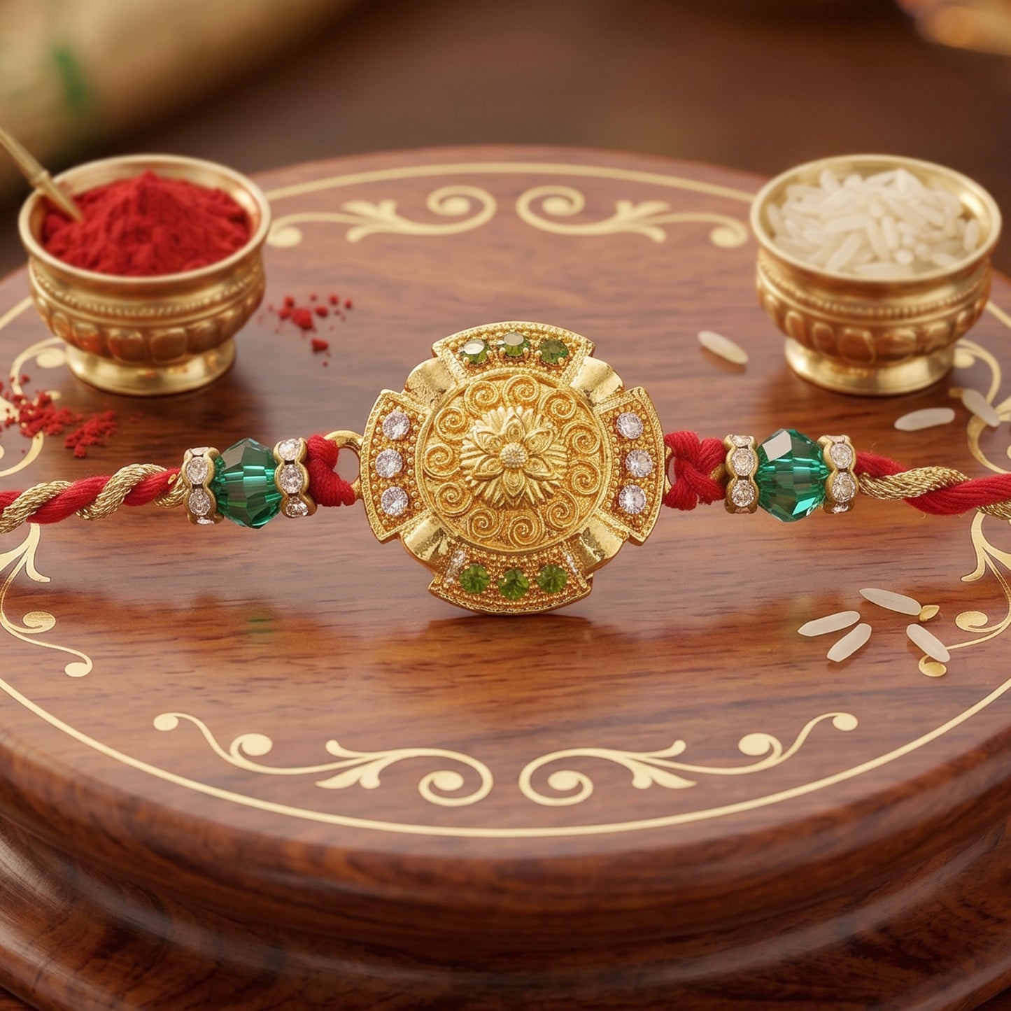 Traditional Gold Floral Coin Rakhi with Green Stone Beads