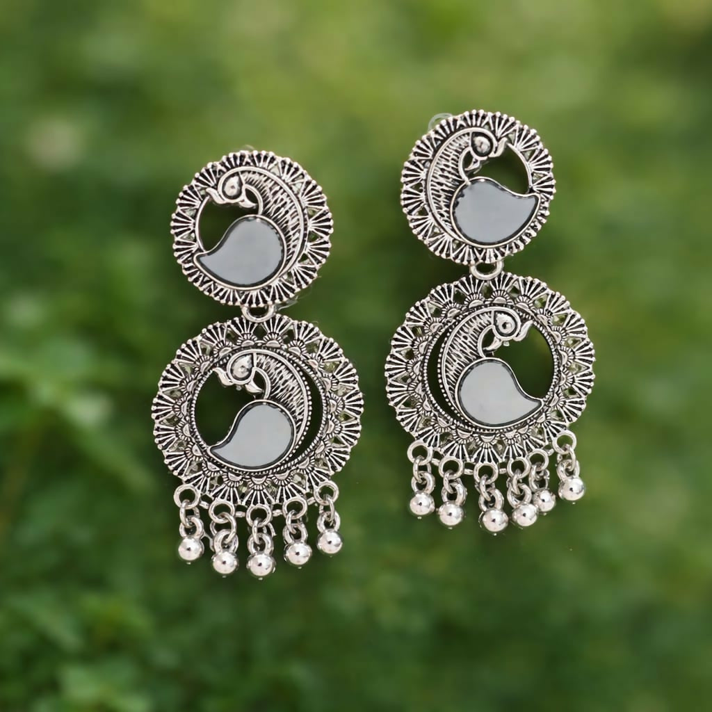 Silver Look Peacock Mirror Work Jhumka Earings