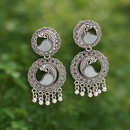 Silver Look Peacock Mirror Work Jhumka Earings