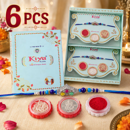 Silver Crown Temple Rakhi with Multicolor Stones, Roli Chawal Coin and Card Gift Packing