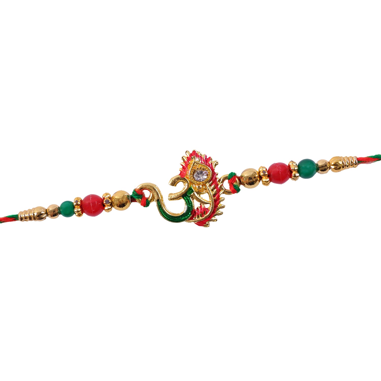 Om and Peacock Feather Enamel Pendant Rakhi with Multicolor Beads
