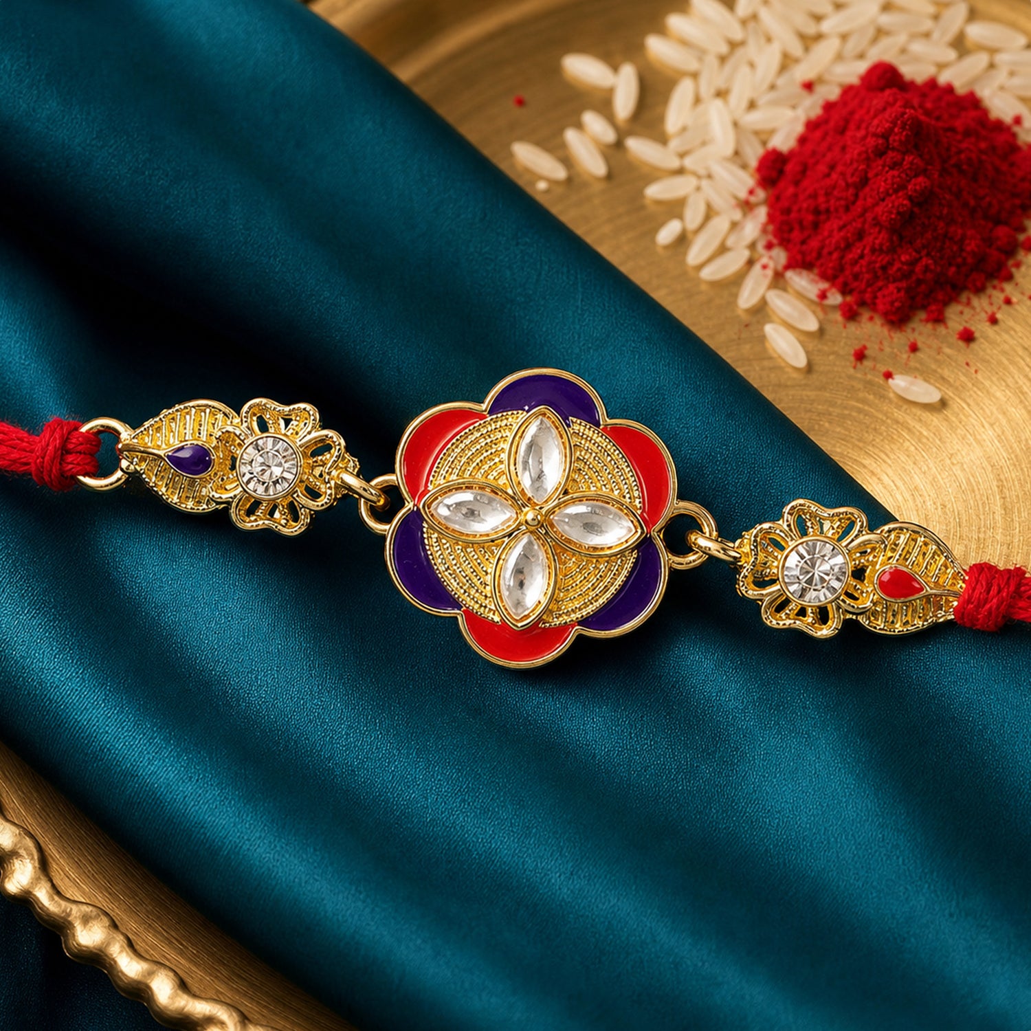 Festive Rakhi showcasing Decorative Rosette, pearl accents and bead line for Gifting