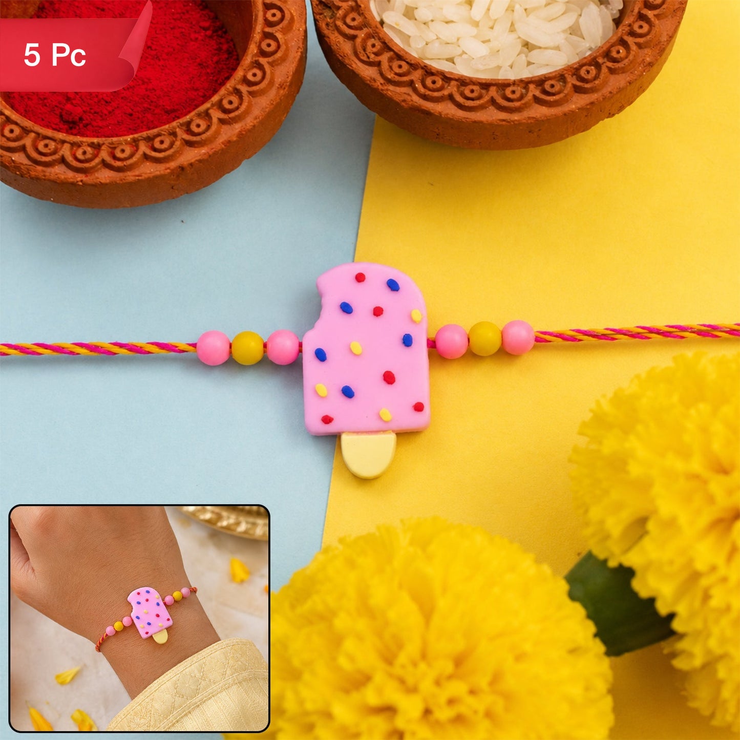 Ice Cream Kids Rakhi Unique Clay Design for Brother's Festivity (5pcs)