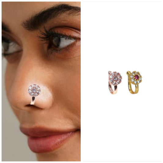 Diamond Cluster Clip-On Nose Ring (Rose/Gold Plated) Combo Pack of 2