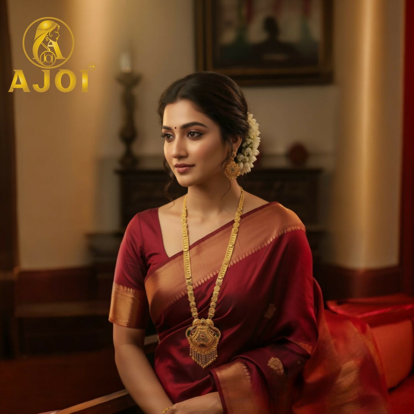 Close-up of ornate pendant on Heritage Glow long necklace set with intricate design