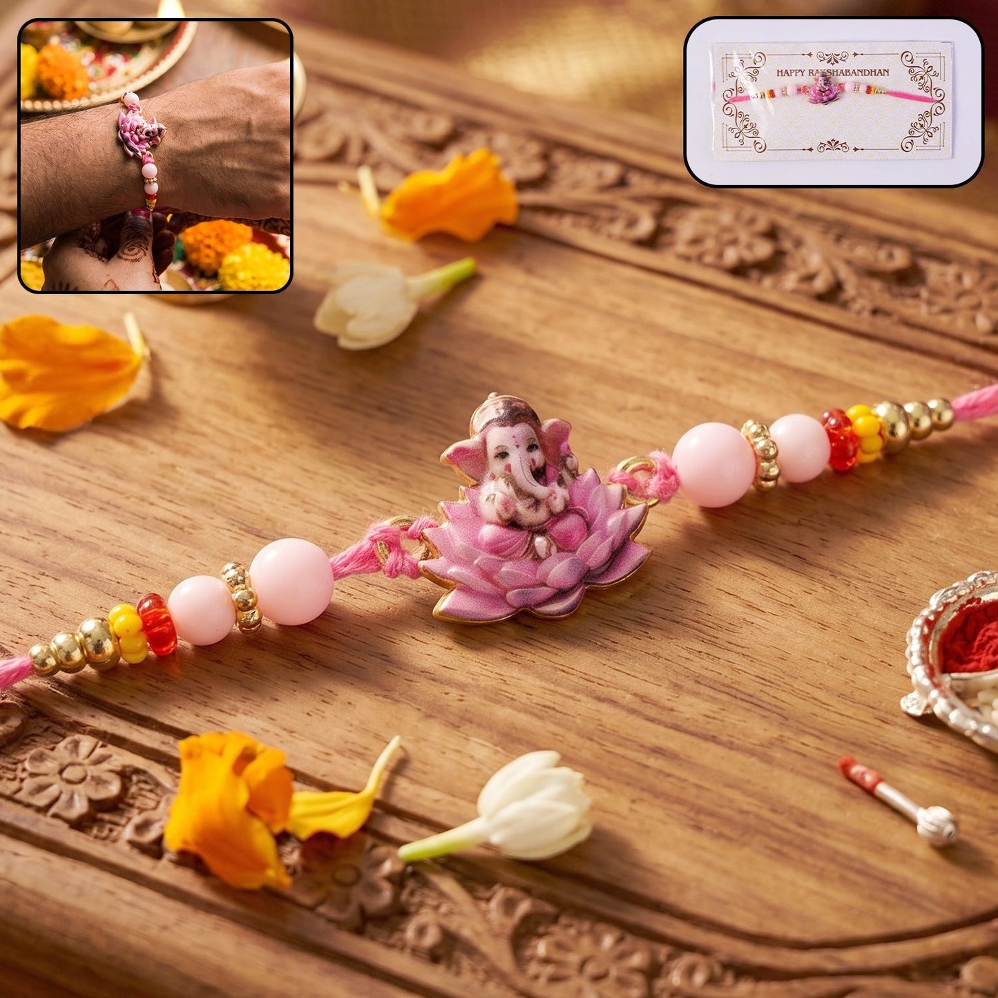 Pink Ganesha Rakhi Set with Choco Butterscotch, Pack of 3