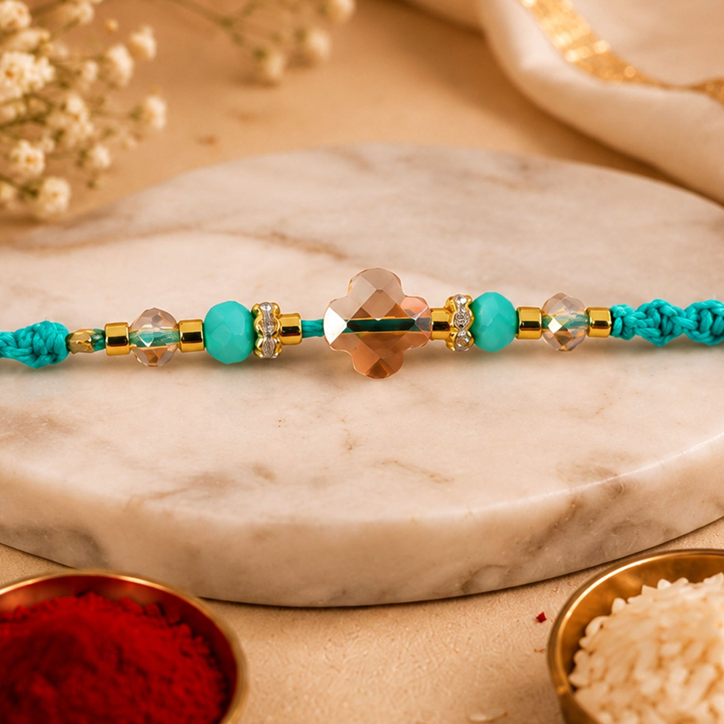 Elegant Stone Work Rakhi with Red Thread, Bead Detailing and Premium Celebration Look