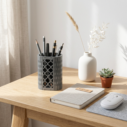 Top view of the spacious geometric mesh pen holder showing its storage capacity.