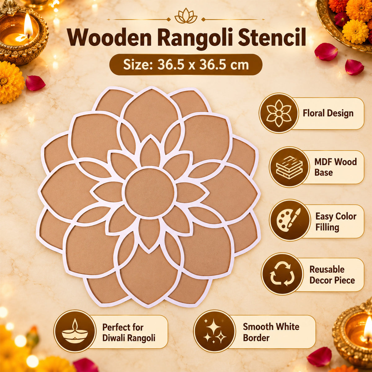 Large Flower Rangoli Stencil for Diwali Decoration, Puja and Festive Floor Art