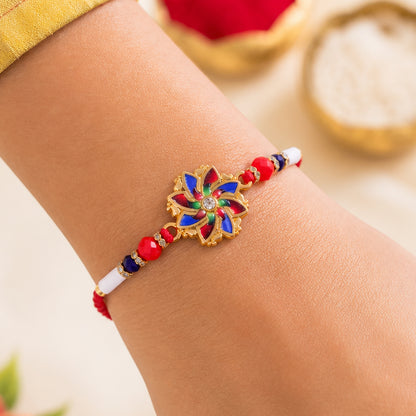 Pinwheel Floral Charm Bhai Bhabhi Lumba Rakhi with Pearl Drops