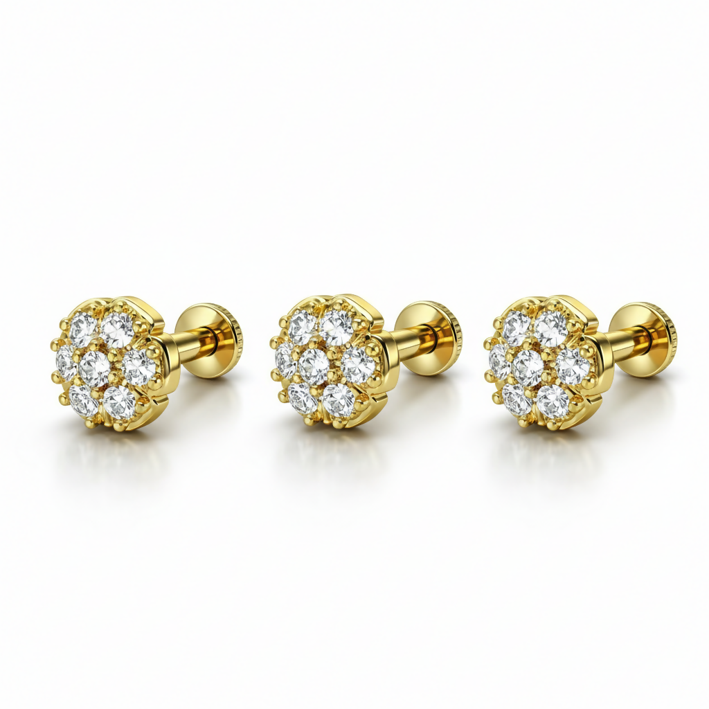 Angled view of elegant gold plated floral crystal nosepin stud with flat-back screw