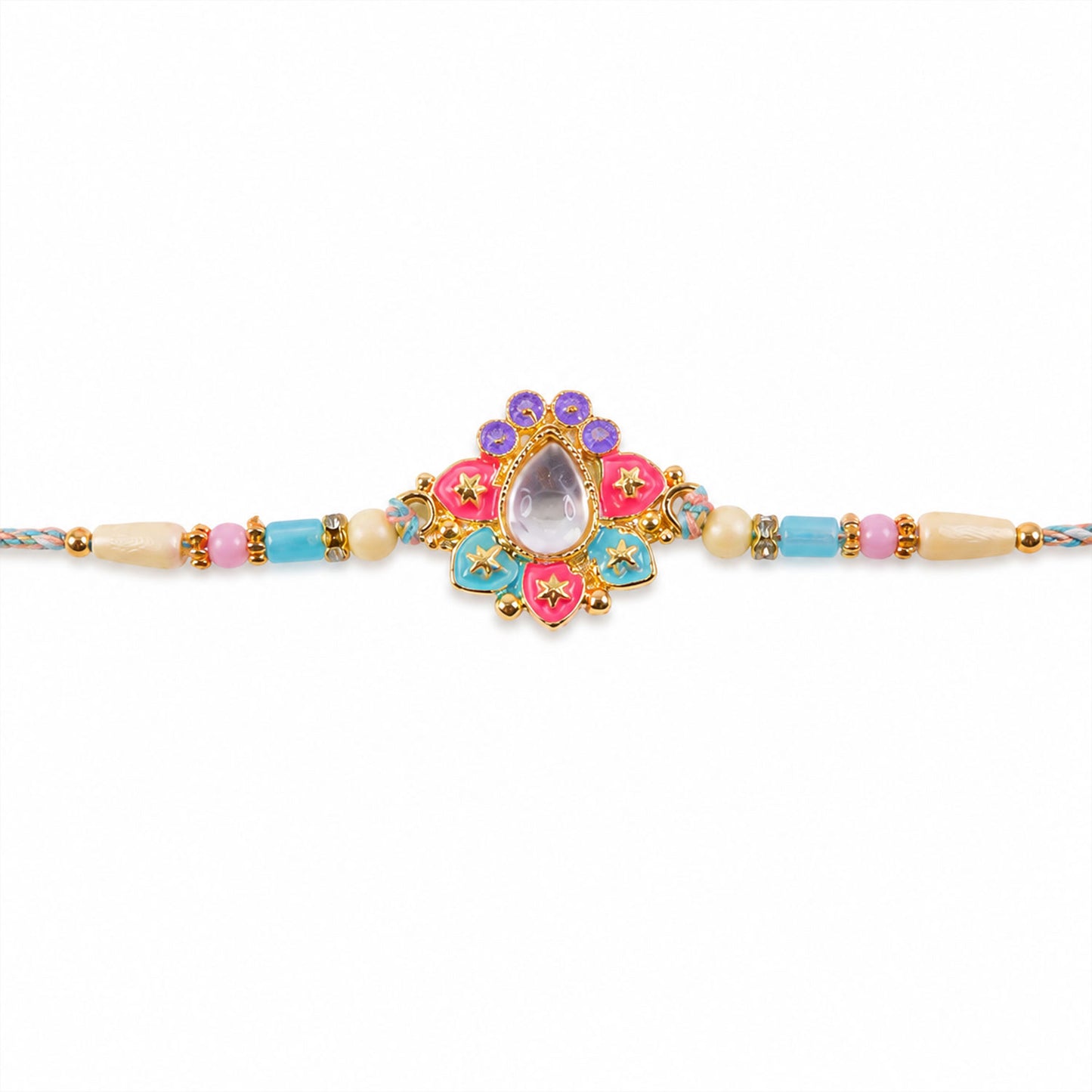 Multicolor Floral Kundan Pendant Rakhi with Pastel Beads