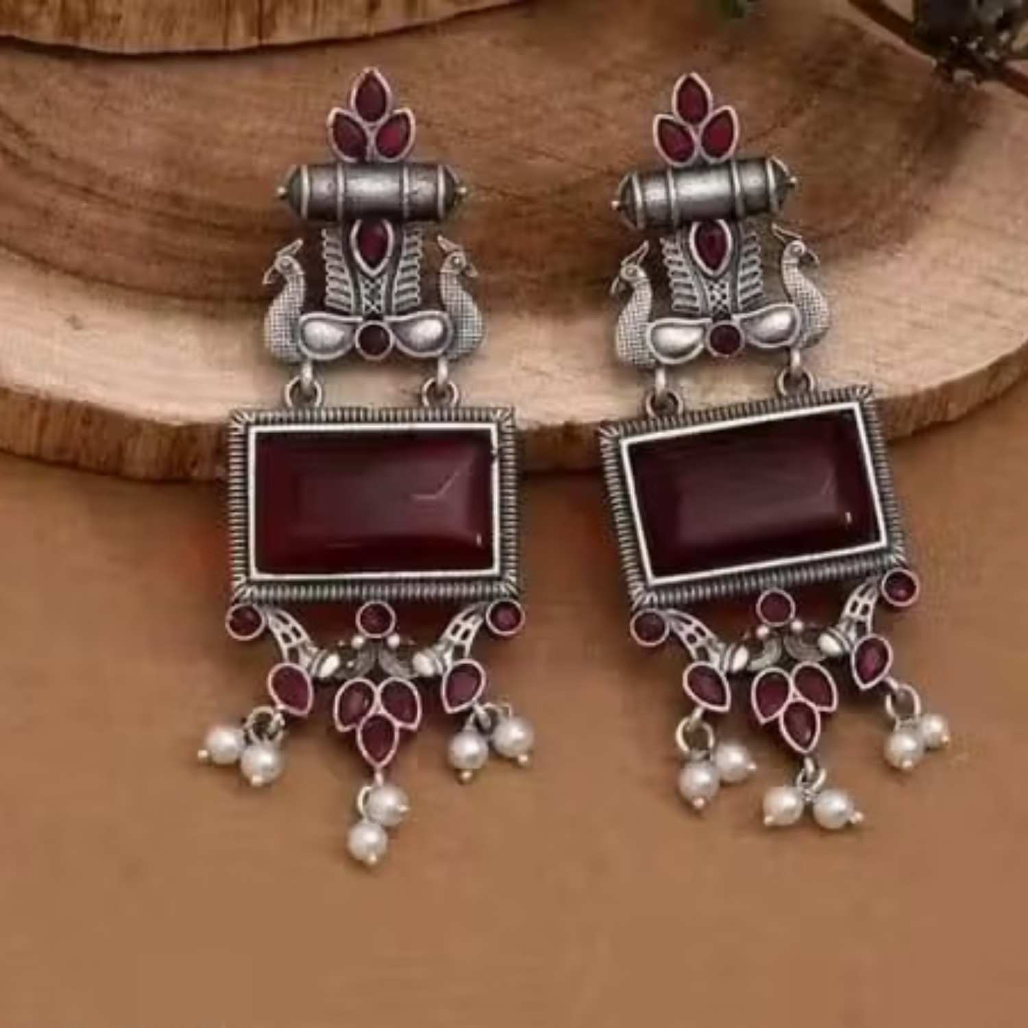 Traditional Oxidized Silver Maroon Stone Pearl Drop Earrings