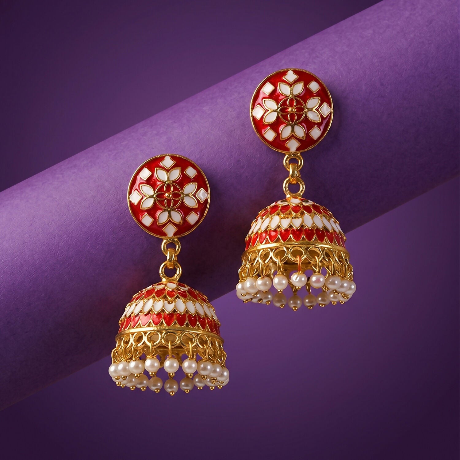 Red Floral Jhumka Earrings with Pearl Beads for Women