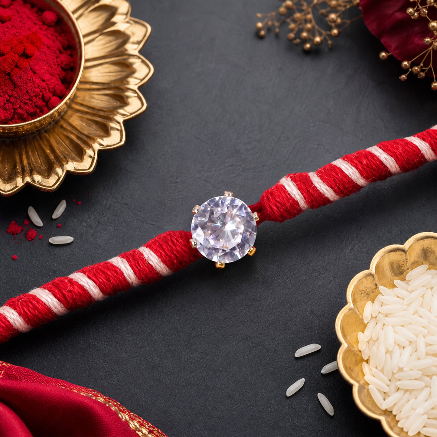 Red-White Twisted Cord Rakhi with Sparkling Round Crystal Pendant