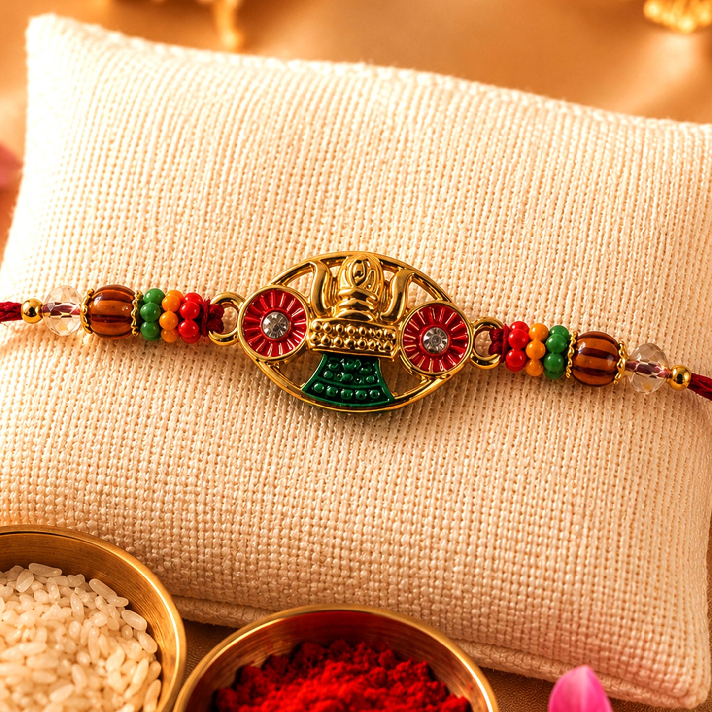 Golden Kalash Temple Devotional Rakhi with Red Green Details and Festive Beads