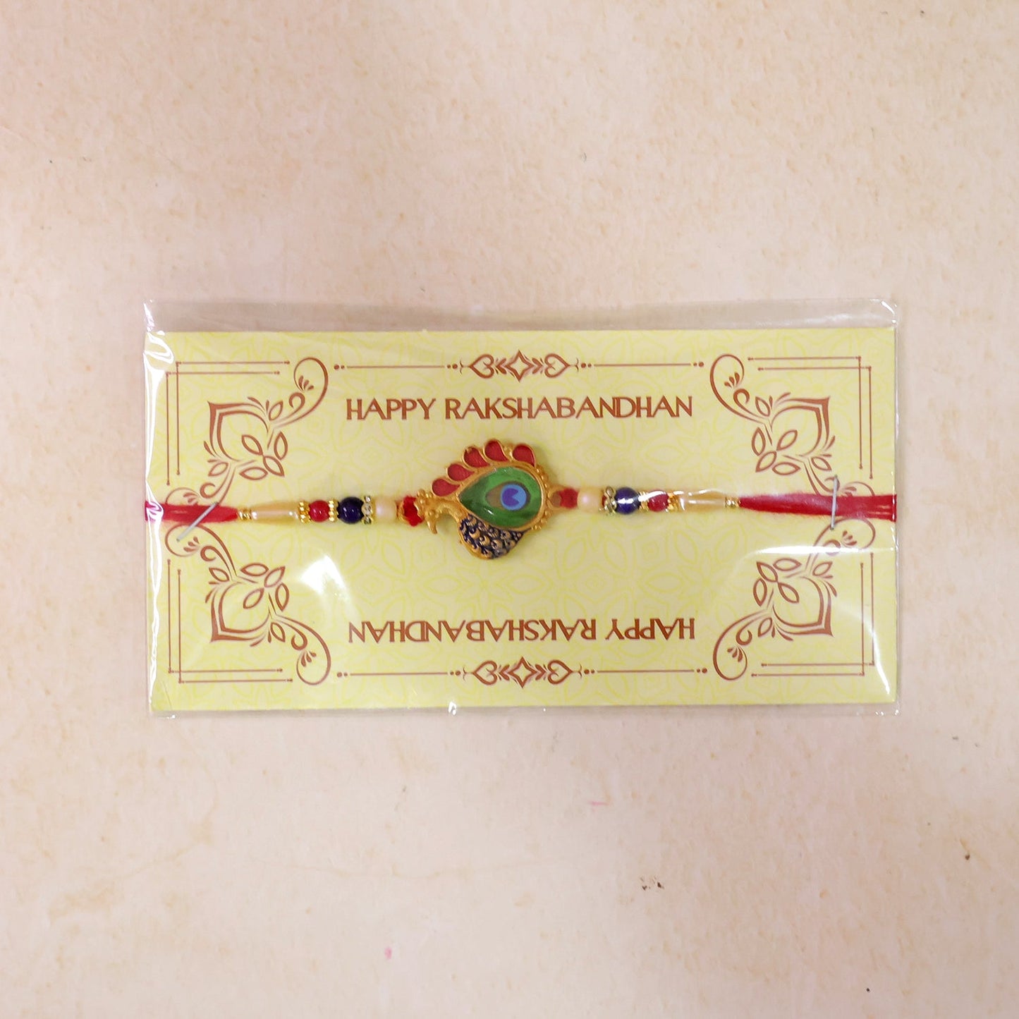 Peacock Feather Rakhi Golden Enamel Pearl Beads for Brother (10pcs)