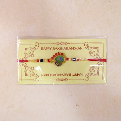 Peacock Feather Rakhi Golden Enamel Pearl Beads for Brother (5pcs)