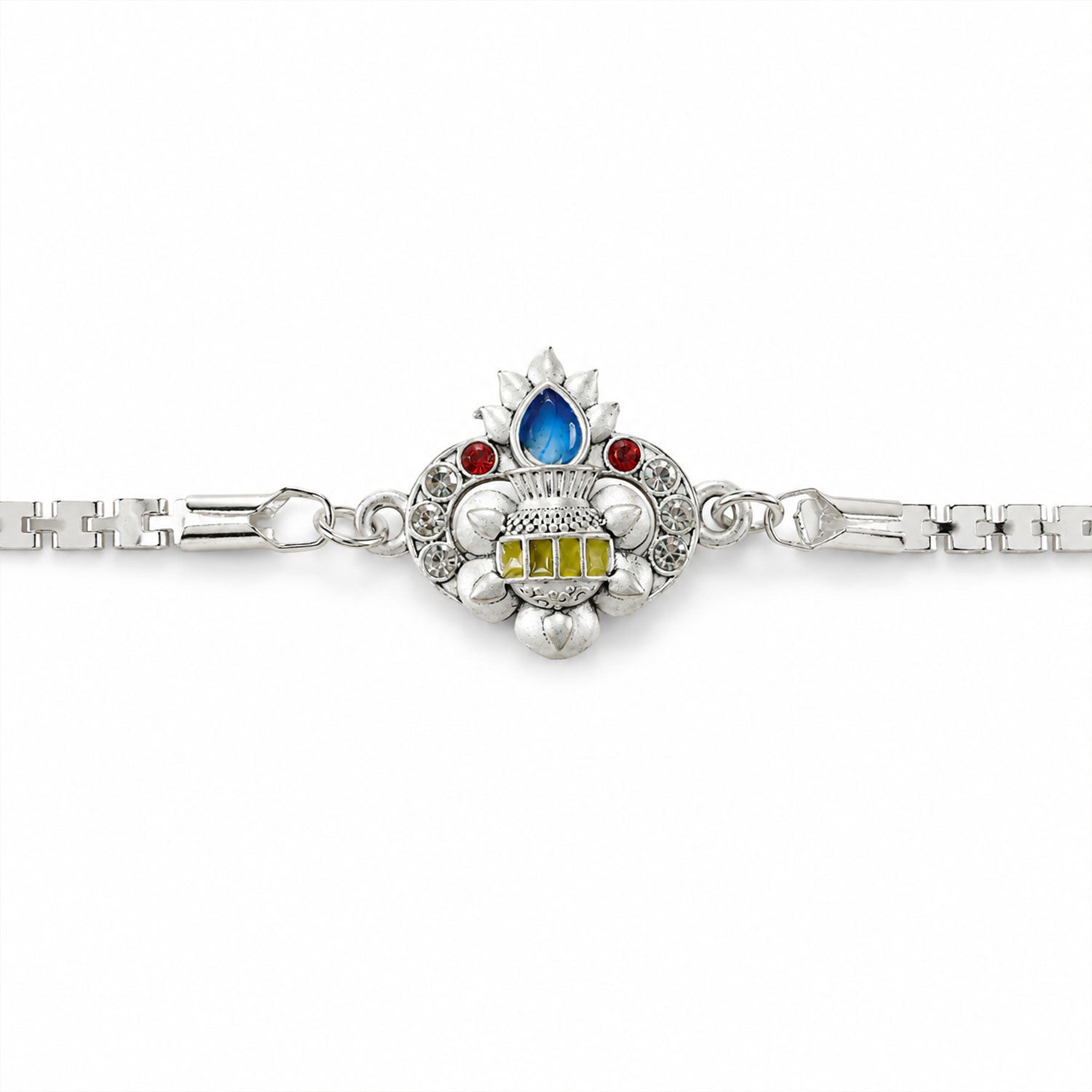 Kalash Lotus Petal Enamel Crystal Studded Silver Chain Designer Rakhi